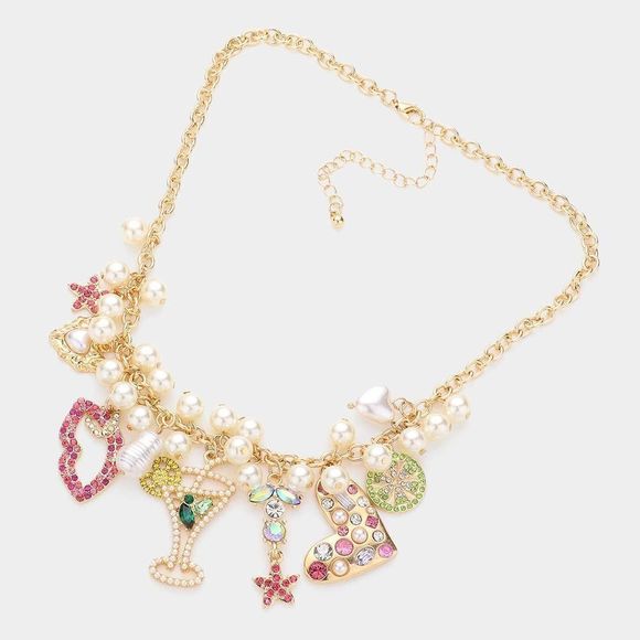 Charm Necklace Starfish Lips Cocktail Heart Lime Pearl Pendant Necklace - Picture 1 of 11